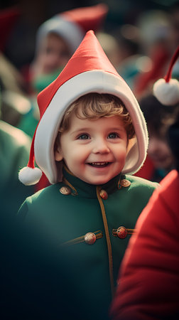 Little cute boy in Santa Claus costume on christmas market background.の素材