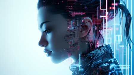 3d rendering of a female cyborg with digital circuit background.の素材
