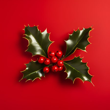 Christmas holly berry decoration on red background. Vector illustration.の素材
