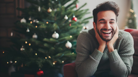 Handsome young man sitting on sofa at home near christmas treeの素材