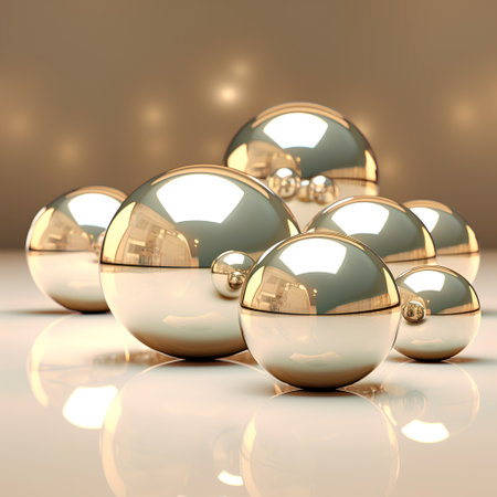 Gold Christmas balls with reflection on golden background. 3D illustration.の素材