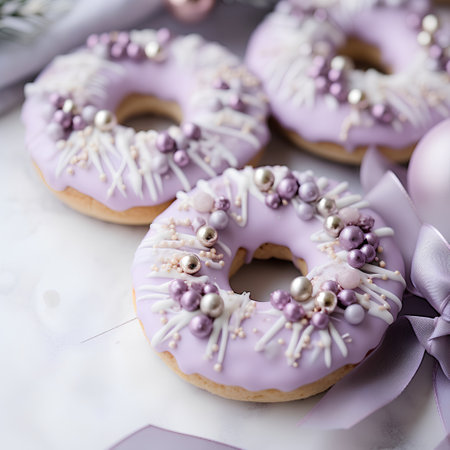 Purple glazed donuts decorated with purple ribbons, selective focusの素材