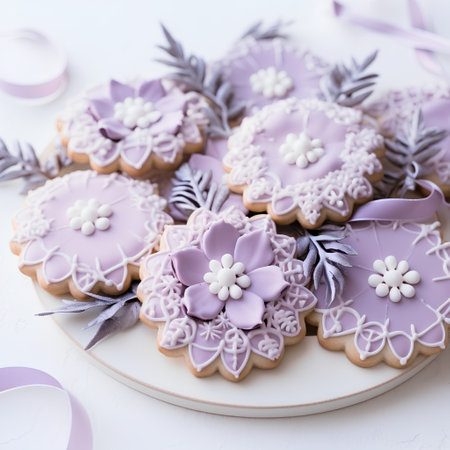 Gingerbread cookies decorated with lilac flowers on a white background.の素材