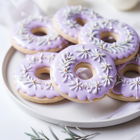 Purple glazed donuts with sprinkles on a white plateの素材