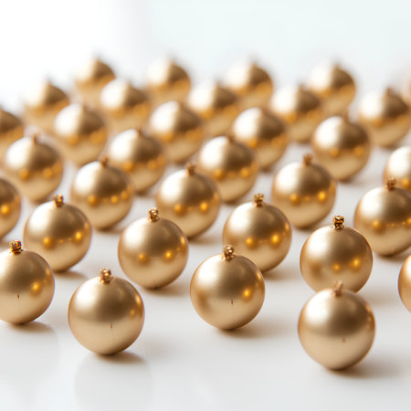 Golden christmas baubles isolated on white background, close upの素材