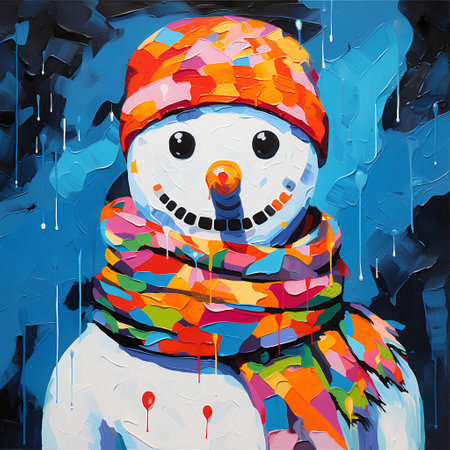 Vector illustration of a snowman in a scarf and hat on a blue background.の素材