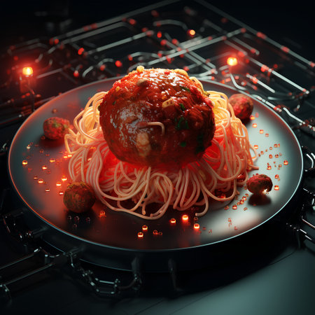 Spaghetti with meatballs on a black plate. 3d renderingの素材