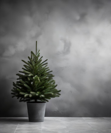 Christmas tree in a pot on a gray wall background. 3d renderingの素材
