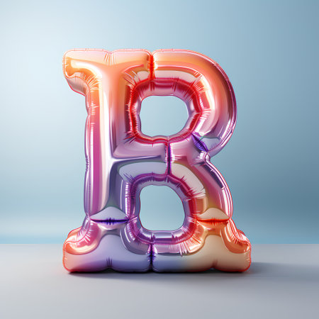 Shiny metallic balloon font letter B uppercase isolated on grey background. 3D rendered alphabet.の素材
