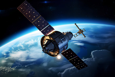 Satellite in the space. 3D rendering. Elements of this image furnished by NASAの素材