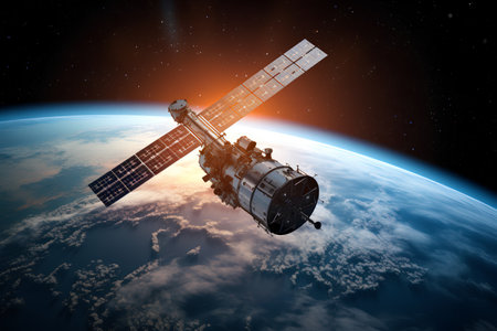 Satellite orbiting the planet Earth in outer space. 3D renderingの素材
