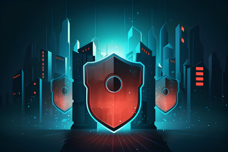 Cyber security concept. Shield and city background. Vector illustration.の素材