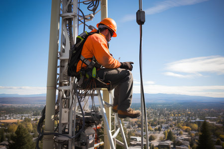 Technician working on a high-voltage tower in the mountainsの素材