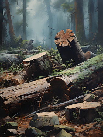 Wooden logs in the forest. Conceptual image of deforestation.の素材