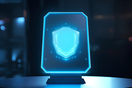 Smartphone hologram with shield on dark background. Security concept. 3D Renderingの素材