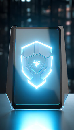 Tablet PC with security shield icon on display. 3d renderingの素材