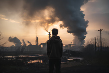 Young man standing in front of a nuclear power plant at sunset.の素材
