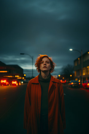 Beautiful red-haired girl in a red coat on the street at night.の素材