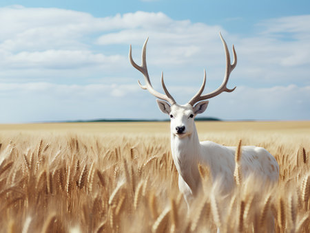 White deer with antlers in a wheat field. 3d renderingの素材