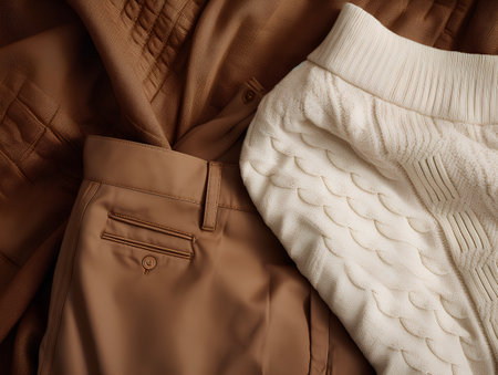 Brown and beige wool sweaters with pockets close-up.の素材