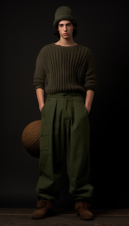 Stylish young man in a green knitted sweater and hat posing in the studio.の素材