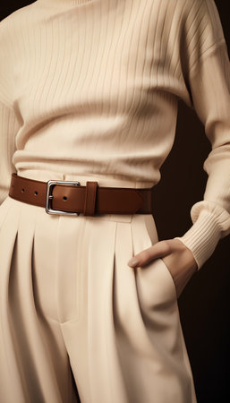 Closeup of a woman's waist with a belt on a dark backgroundの素材
