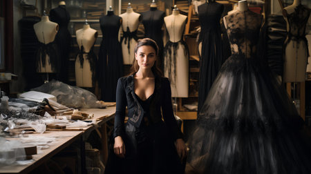 Fashionable woman in black dress in the shop. Fashion photo.の素材