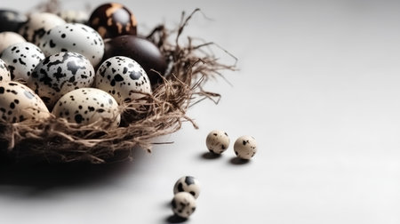 Quail eggs in a nest on a white background with copy spaceの素材
