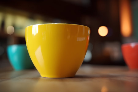Yellow coffee cup on wooden table in coffee shop, shallow depth of fieldの素材