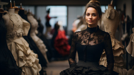 Beautiful young woman in black dress looking at camera in clothing storeの素材
