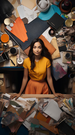 Overhead view of young woman in orange dress sitting at table with lots of thingsの素材