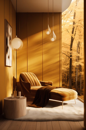 Interior of modern living room with orange walls, wooden floor, yellow sofa and round coffee table. 3d renderingの素材