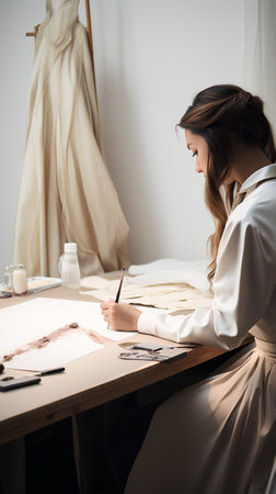 Young fashion designer sitting at the table and drawing sketches in her studioの素材