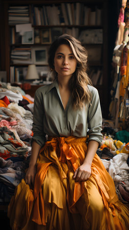 Beautiful young woman sitting in front of a wardrobe full of clothesの素材