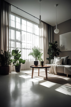 Interior of modern living room with white walls, concrete floor, gray sofa and coffee table with green plants. 3d renderの素材