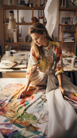 Young female artist sitting at her desk in her studio and drawing.の素材