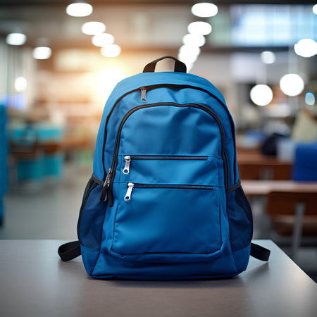 Blue backpack on the table in the school. Back to school concept.の素材