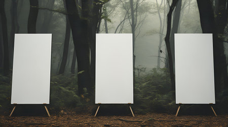 Blank advertising stand in the forest. 3d render illustration.の素材
