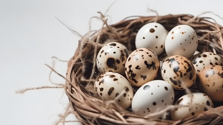Quail eggs in a nest on a white background, selective focusの素材