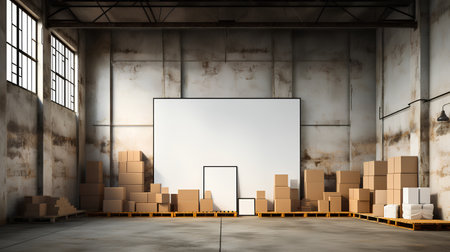 Modern warehouse interior with empty poster and boxes. Mock up, 3D Renderingの素材