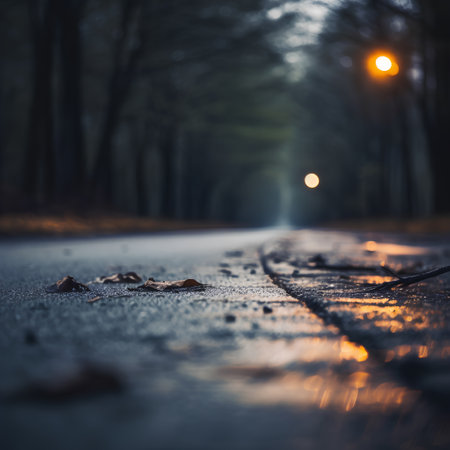Paved road in the park at night. Abstract blurred background.の素材