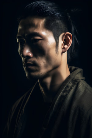 Portrait of a handsome asian man on a dark background.の素材