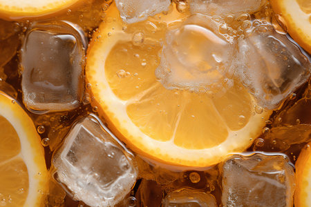 Closeup of ice cubes with lemon slices and ice cubes texture backgroundの素材