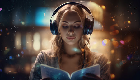 Portrait of a beautiful young woman with headphones reading a book.の素材
