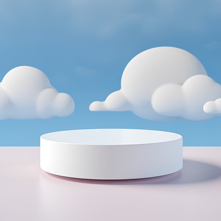 3d render of white round podium for product presentation with clouds in the skyの素材