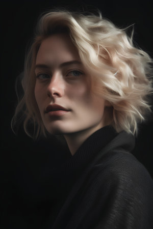 Portrait of a beautiful young woman in a black coat on a black backgroundの素材