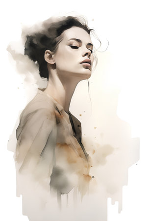 Portrait of a beautiful young woman. Digital watercolor painting.の素材