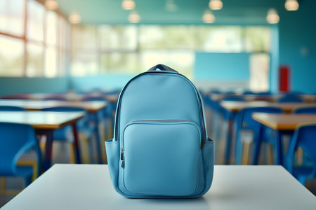 Blue backpack on the table in the classroom. 3d rendering.の素材