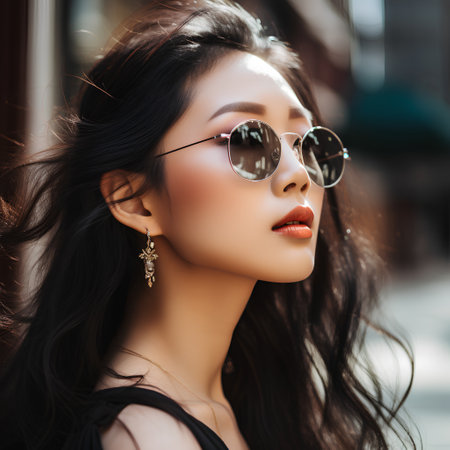 young pretty asian woman in sunglasses on city street, lifestyle people conceptの素材