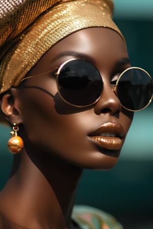 Close-up portrait of a beautiful African American woman in sunglasses.の素材